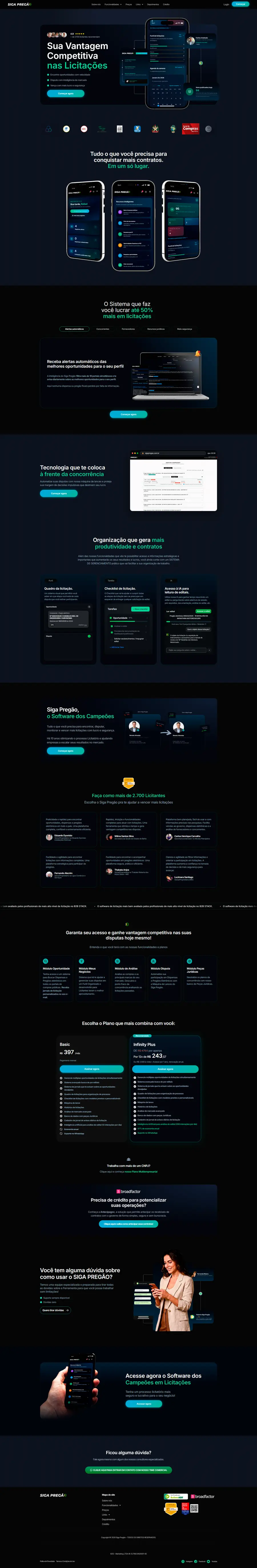 Página de vendas de um software para licitações